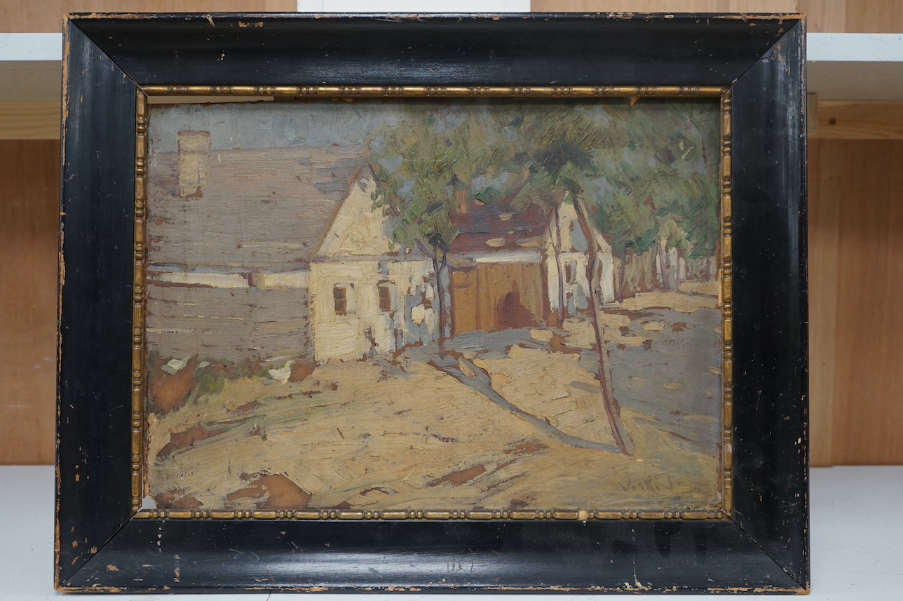 Vaskiel?, Impressionist oil on board, village street scene, signed, 36 x 49cm, housed in ebonised frame. Condition - poor to fair, in need of a clean